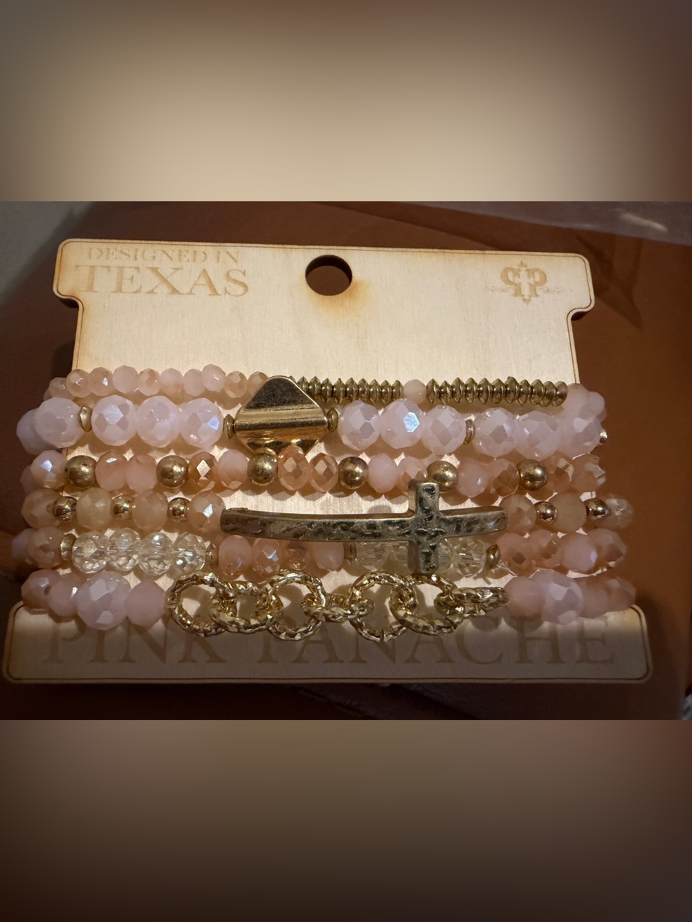 New! Pink panache Stackable Pink Beaded and Gold cross Accent Bracelet Set